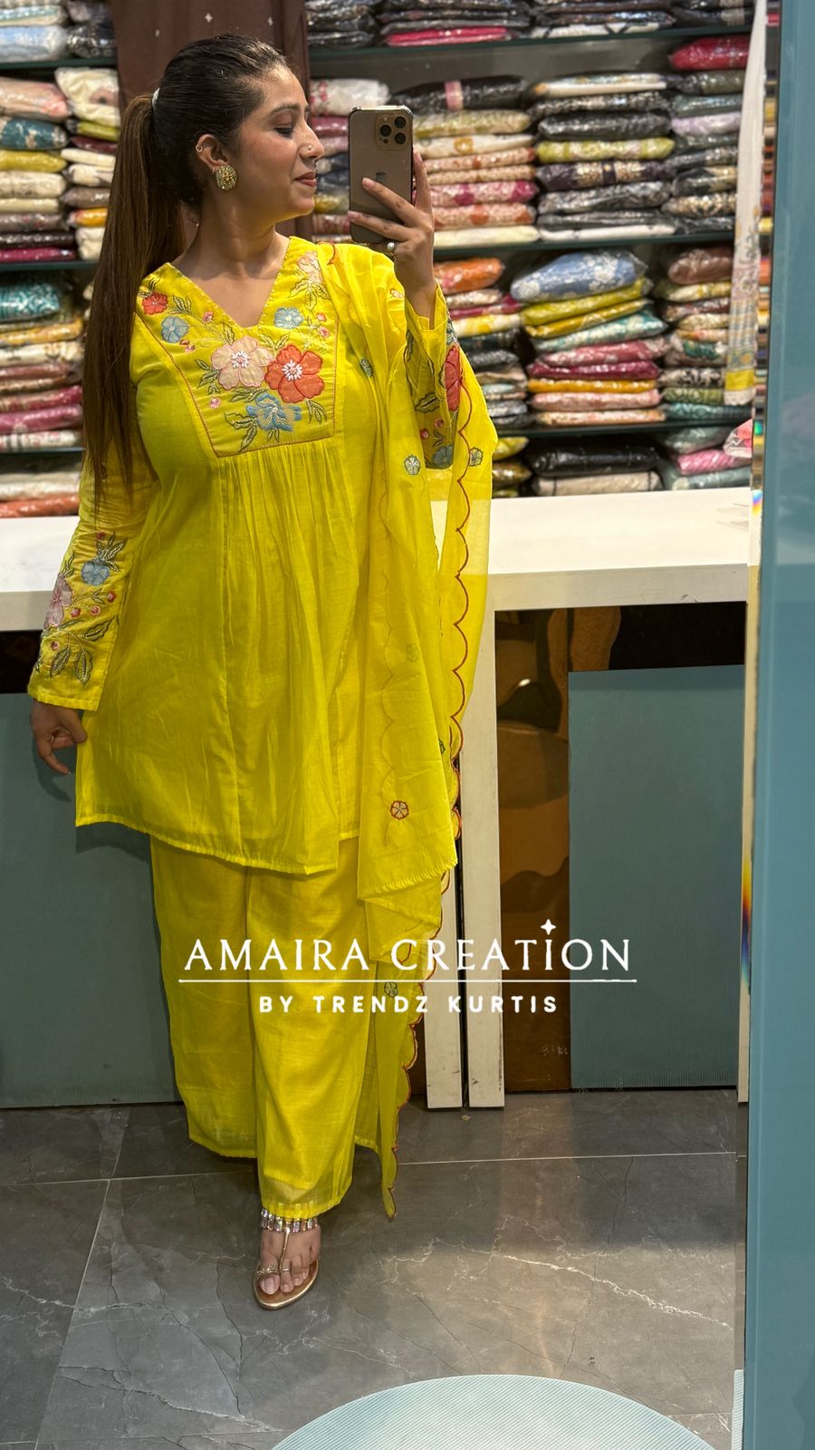 Neon Green Mull Chanderi Indowestern Set with Beautiful Floral Embroidery Detailing
