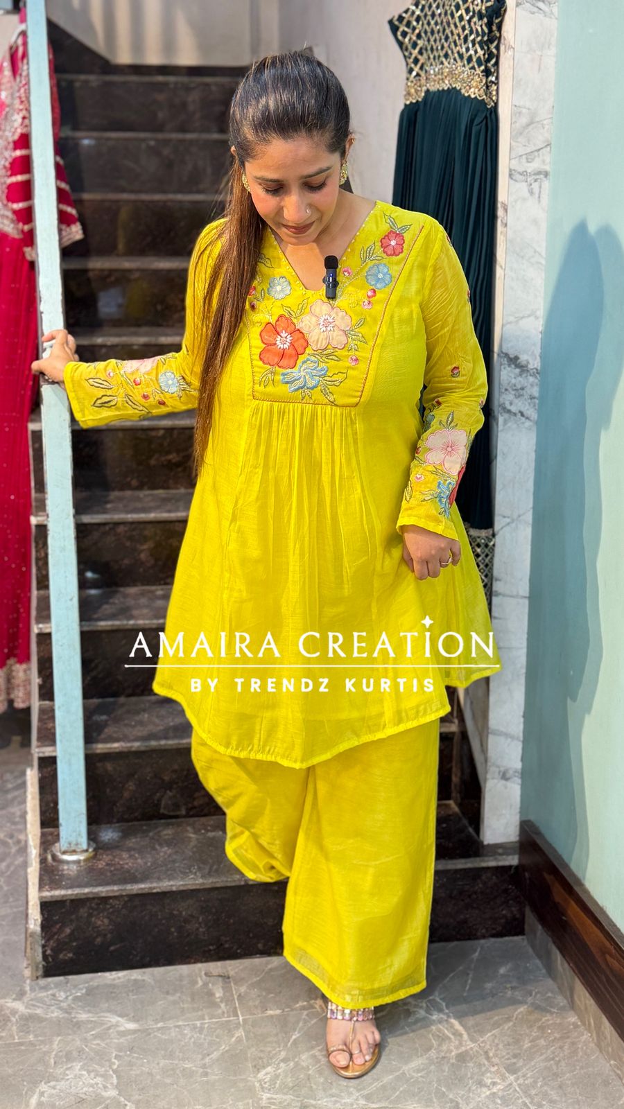 Neon Green Mull Chanderi Indowestern Set with Beautiful Floral Embroidery Detailing