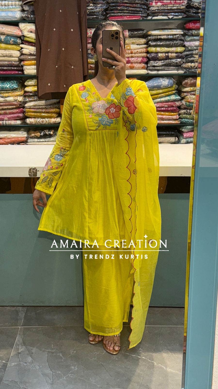 Neon Green Mull Chanderi Indowestern Set with Beautiful Floral Embroidery Detailing
