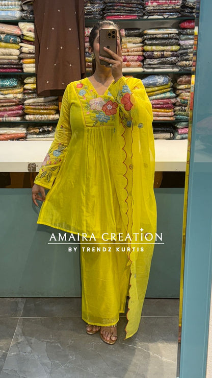Neon Green Mull Chanderi Indowestern Set with Beautiful Floral Embroidery Detailing