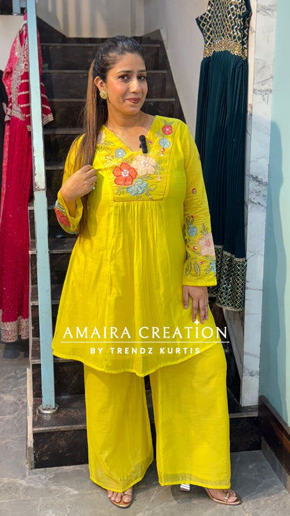 Neon Green Mull Chanderi Indowestern Set with Beautiful Floral Embroidery Detailing