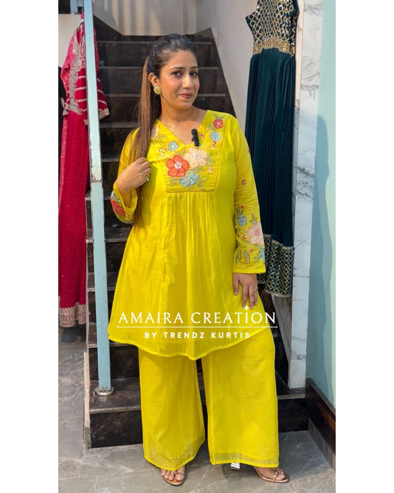 Neon Green Mull Chanderi Indowestern Set with Beautiful Floral Embroidery Detailing