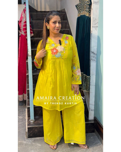 Neon Green Mull Chanderi Indowestern Set with Beautiful Floral Embroidery Detailing