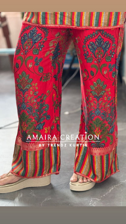 Vibrant Red Colour Premium Reyon Foil Print Detailing Cord Set