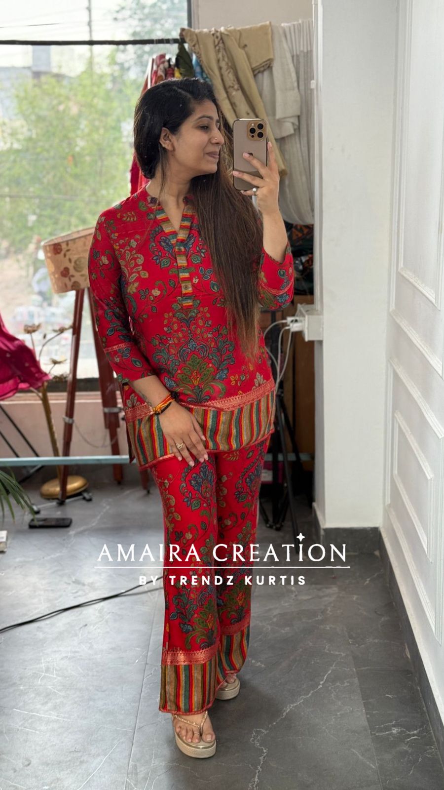 Vibrant Red Colour Premium Reyon Foil Print Detailing Cord Set