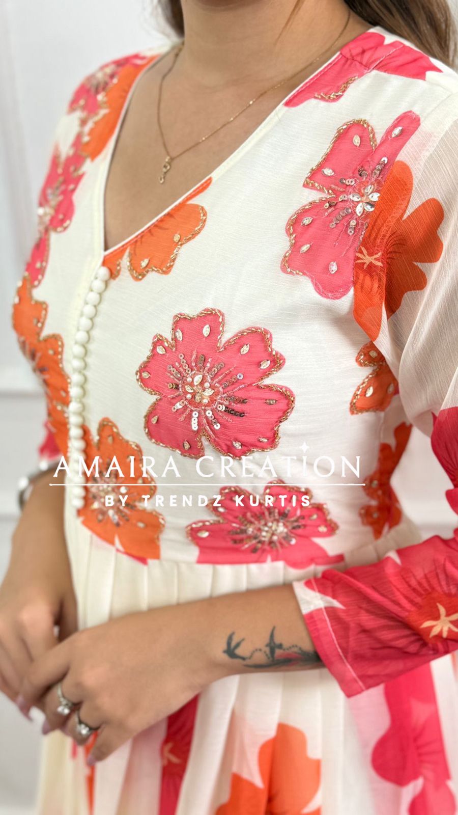 Premium  Chiffon  Cream Orange Anarkali Set