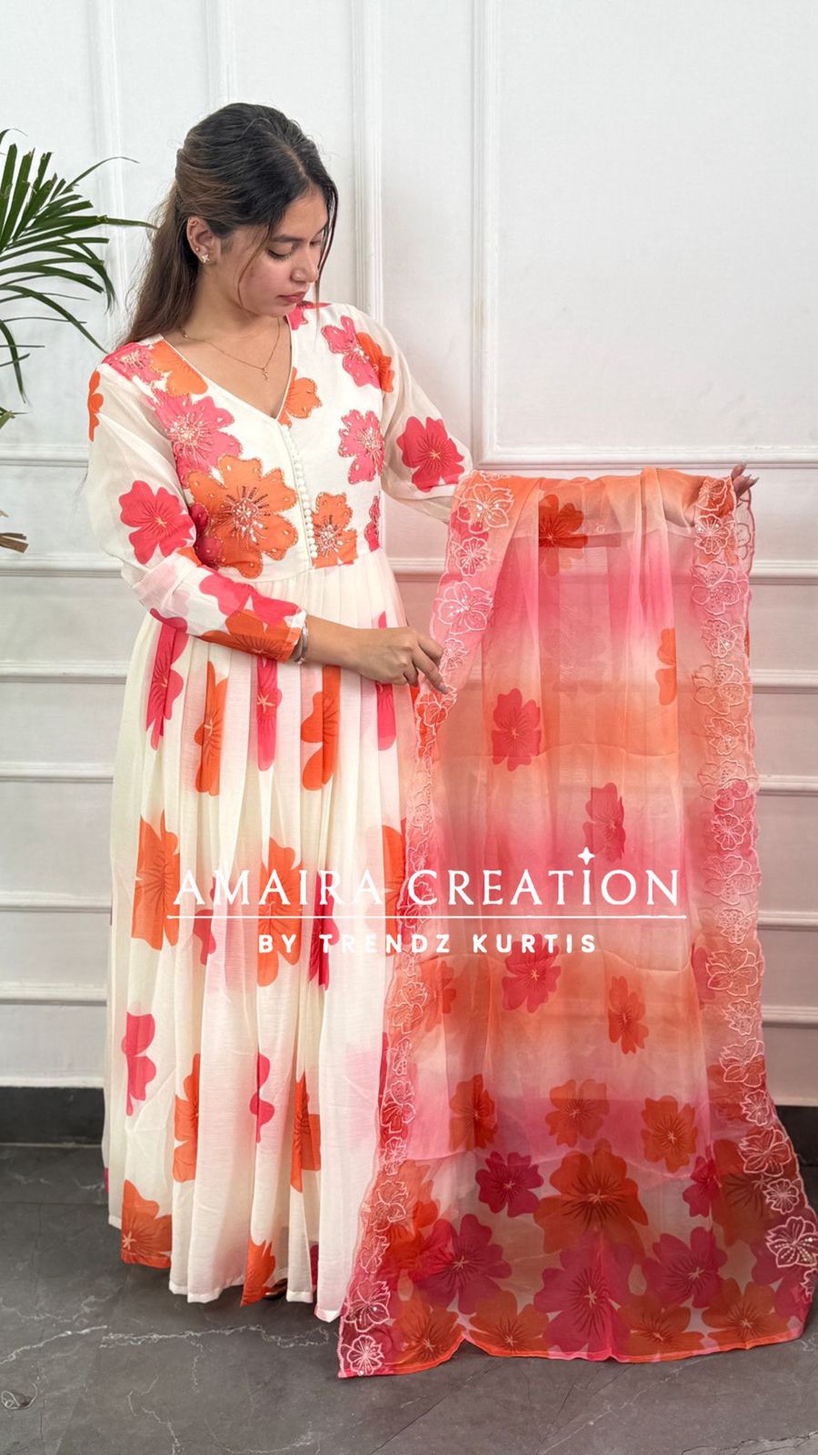 Premium  Chiffon  Cream Orange Anarkali Set
