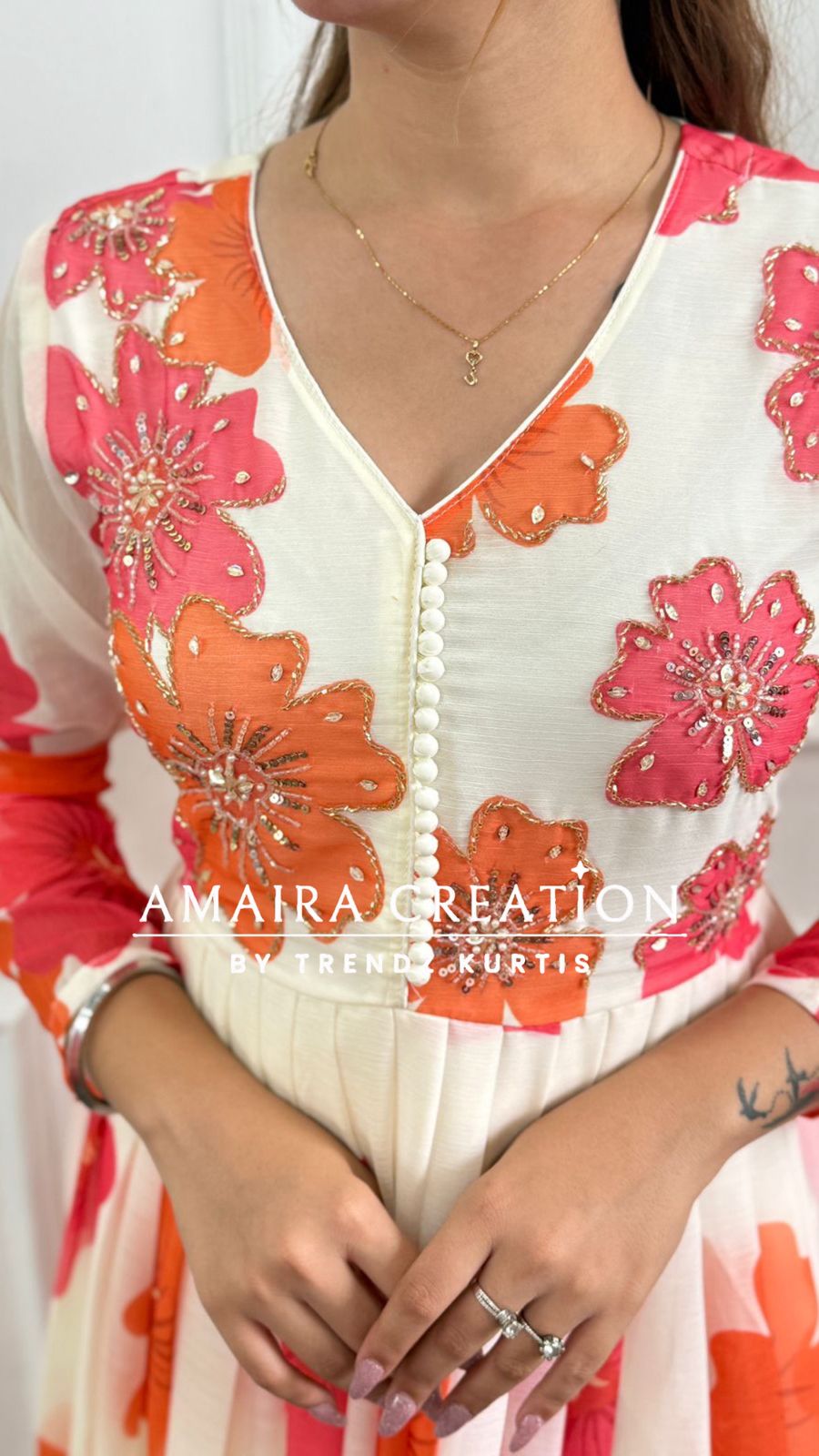 Premium  Chiffon  Cream Orange Anarkali Set