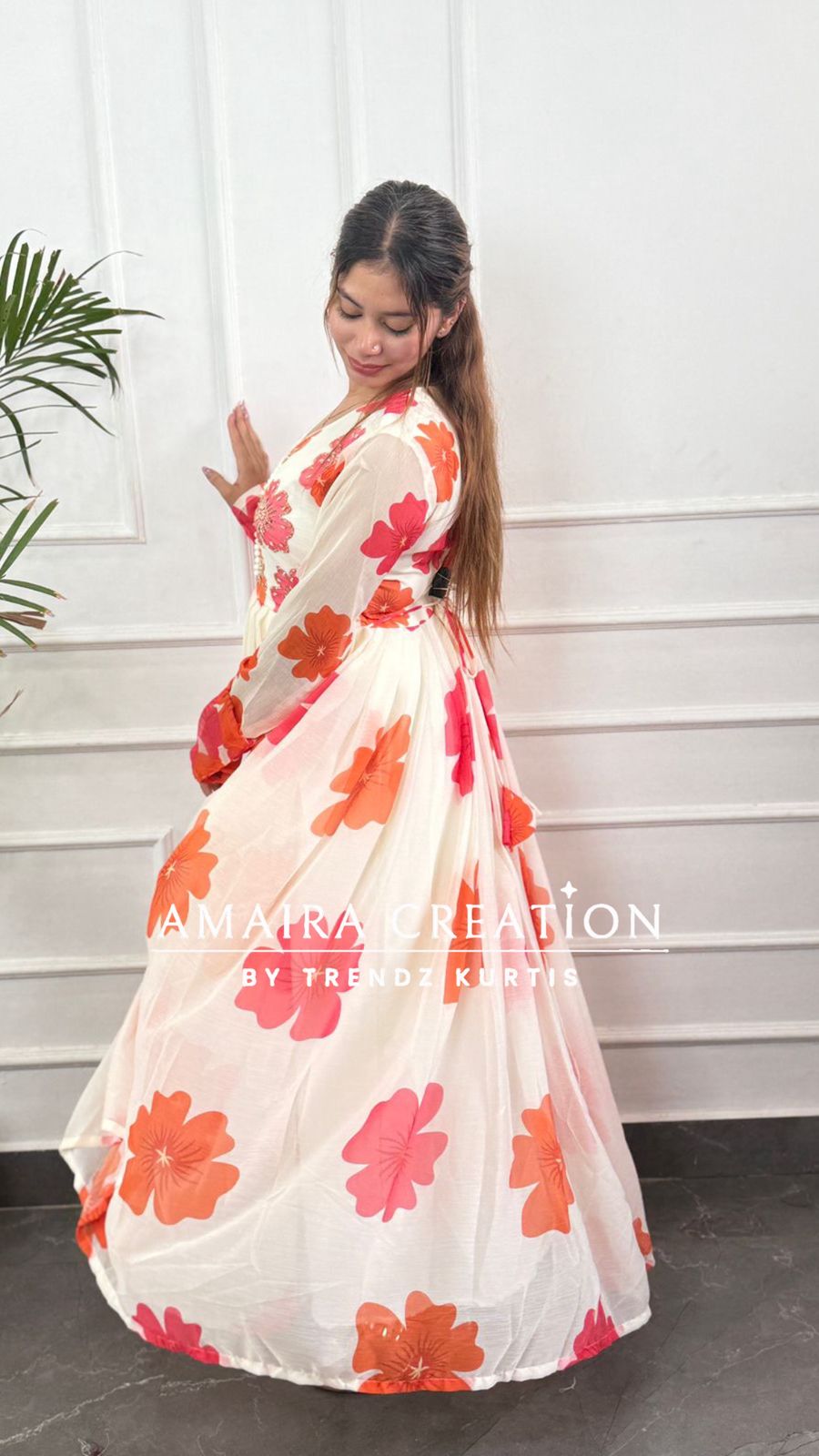 Premium  Chiffon  Cream Orange Anarkali Set