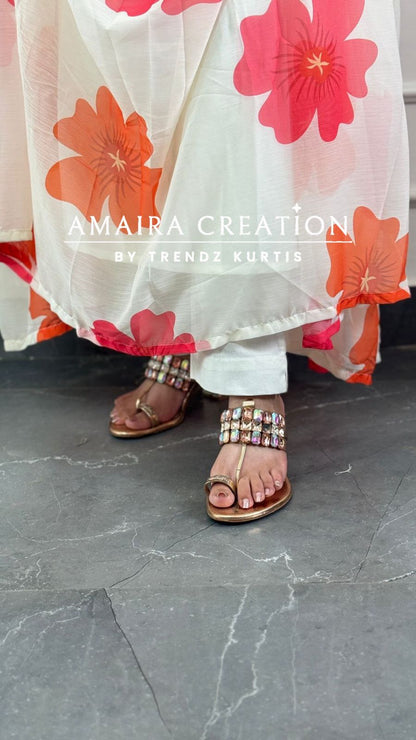 Premium  Chiffon  Cream Orange Anarkali Set