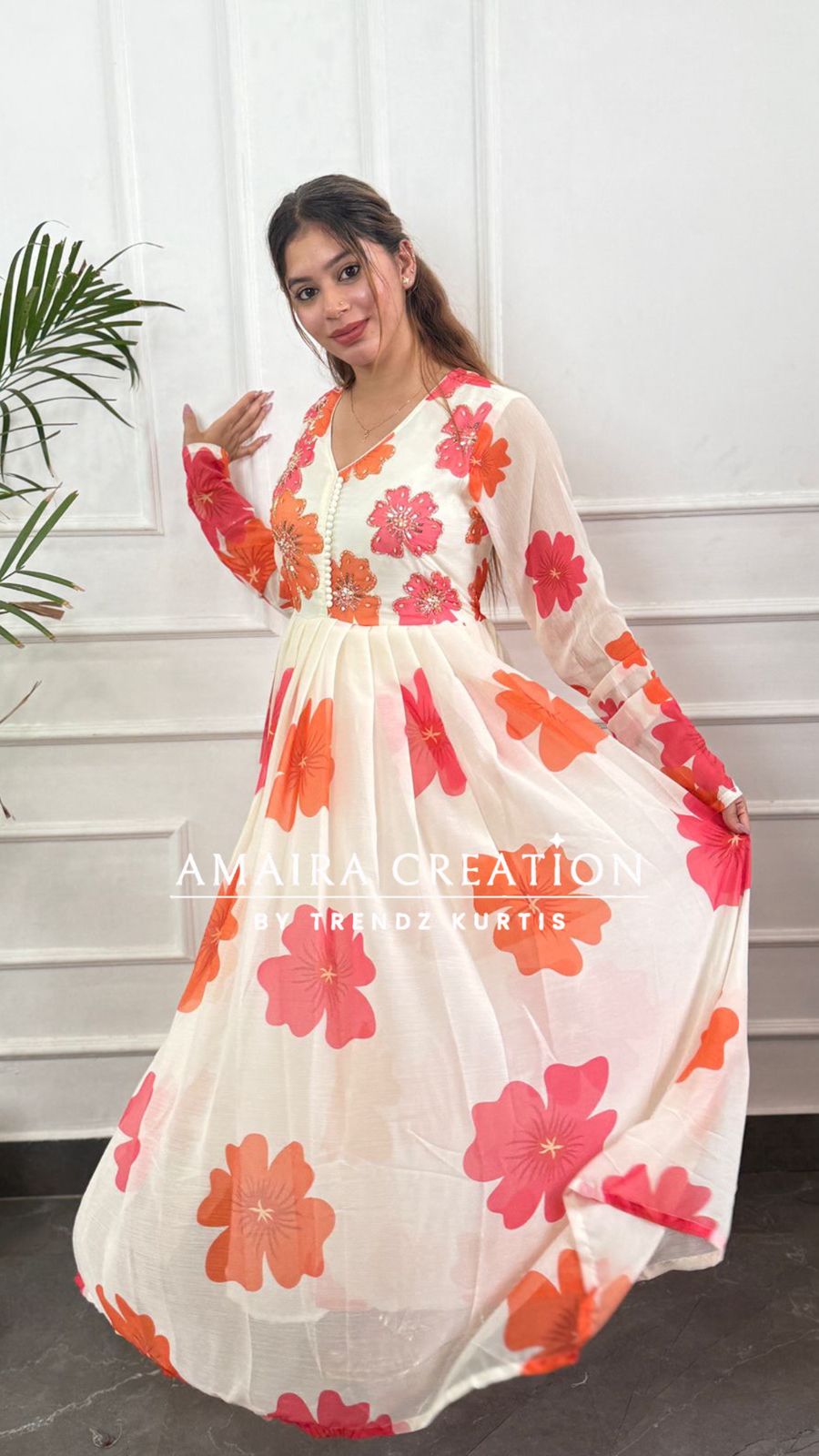 Premium  Chiffon  Cream Orange Anarkali Set
