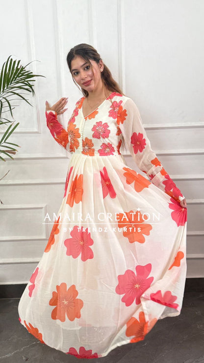 Premium  Chiffon  Cream Orange Anarkali Set