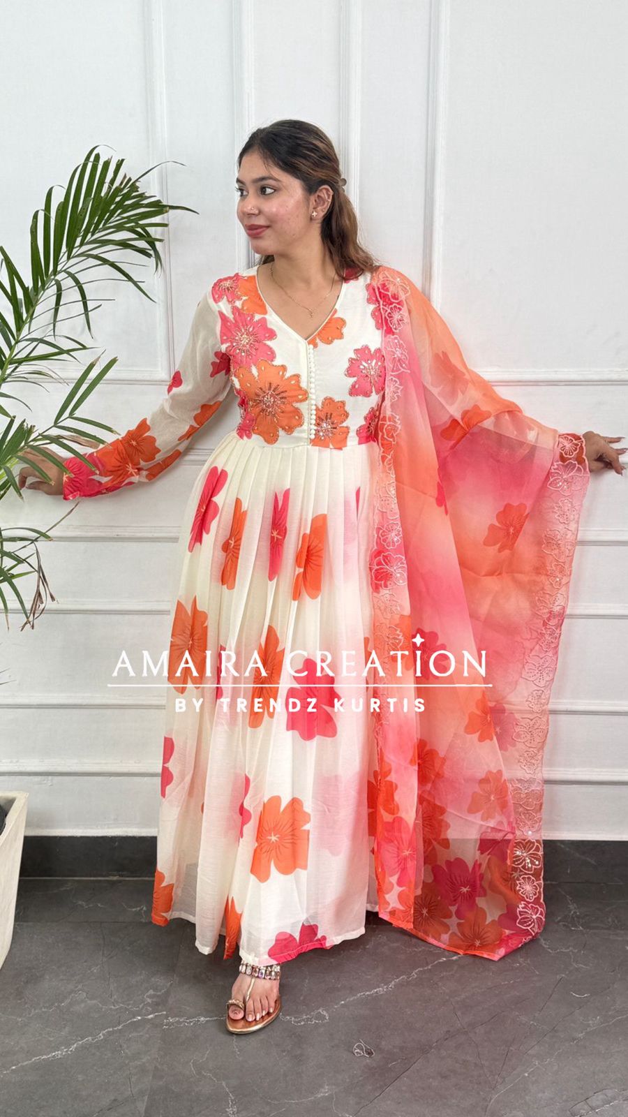 Premium  Chiffon  Cream Orange Anarkali Set