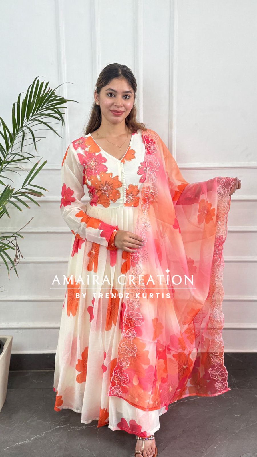 Premium  Chiffon  Cream Orange Anarkali Set