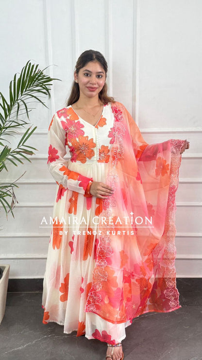 Premium  Chiffon  Cream Orange Anarkali Set
