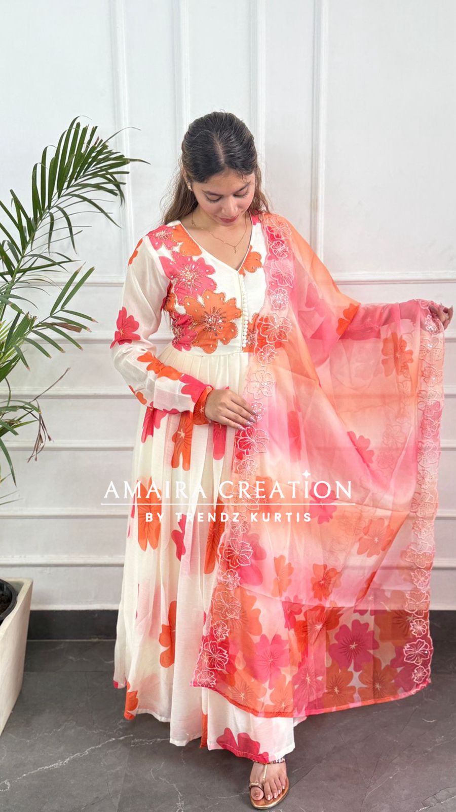 Premium  Chiffon  Cream Orange Anarkali Set