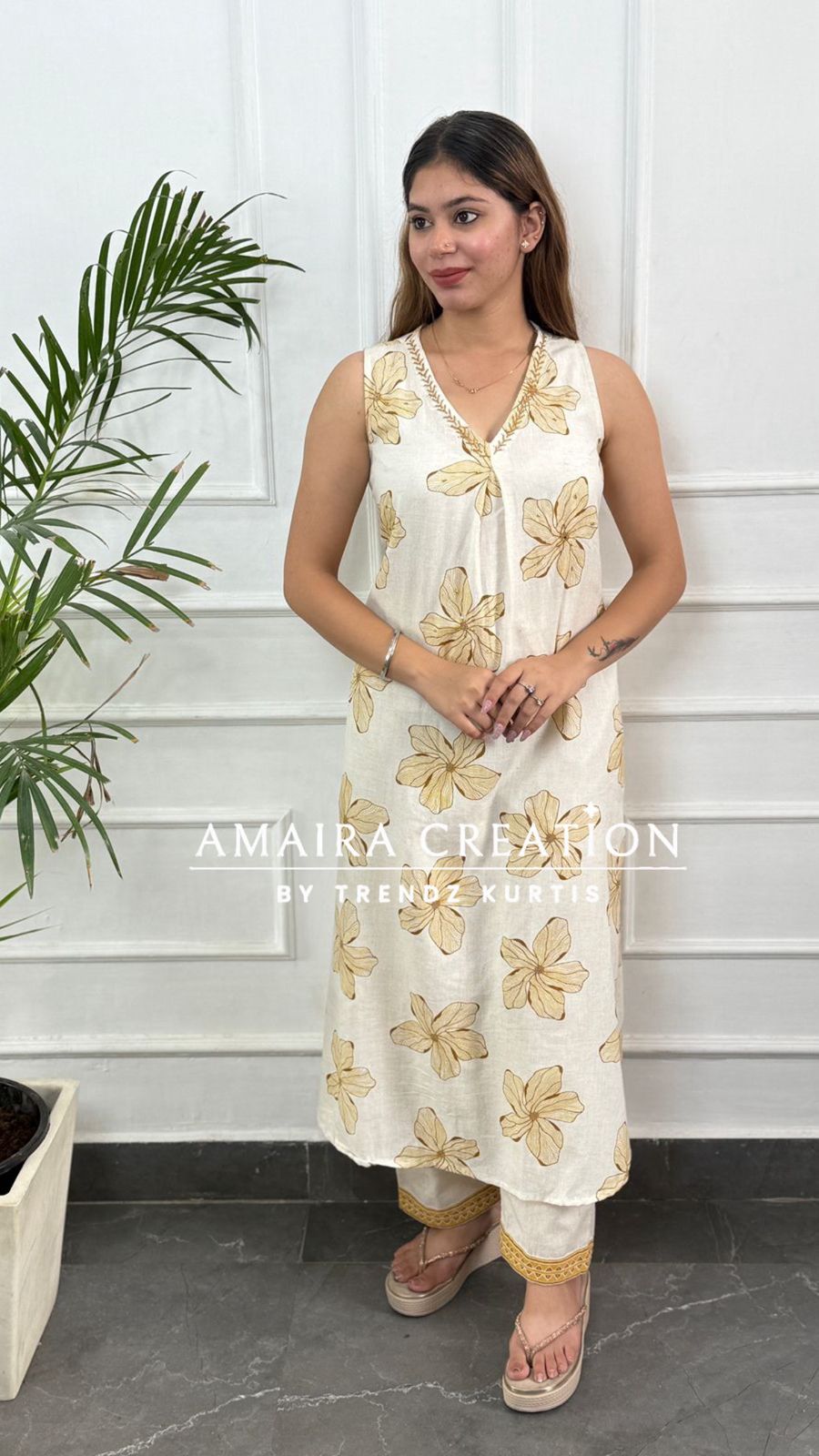 Premium Khadi Cotton Cream Mustard A line Set (4inches sleeves available)