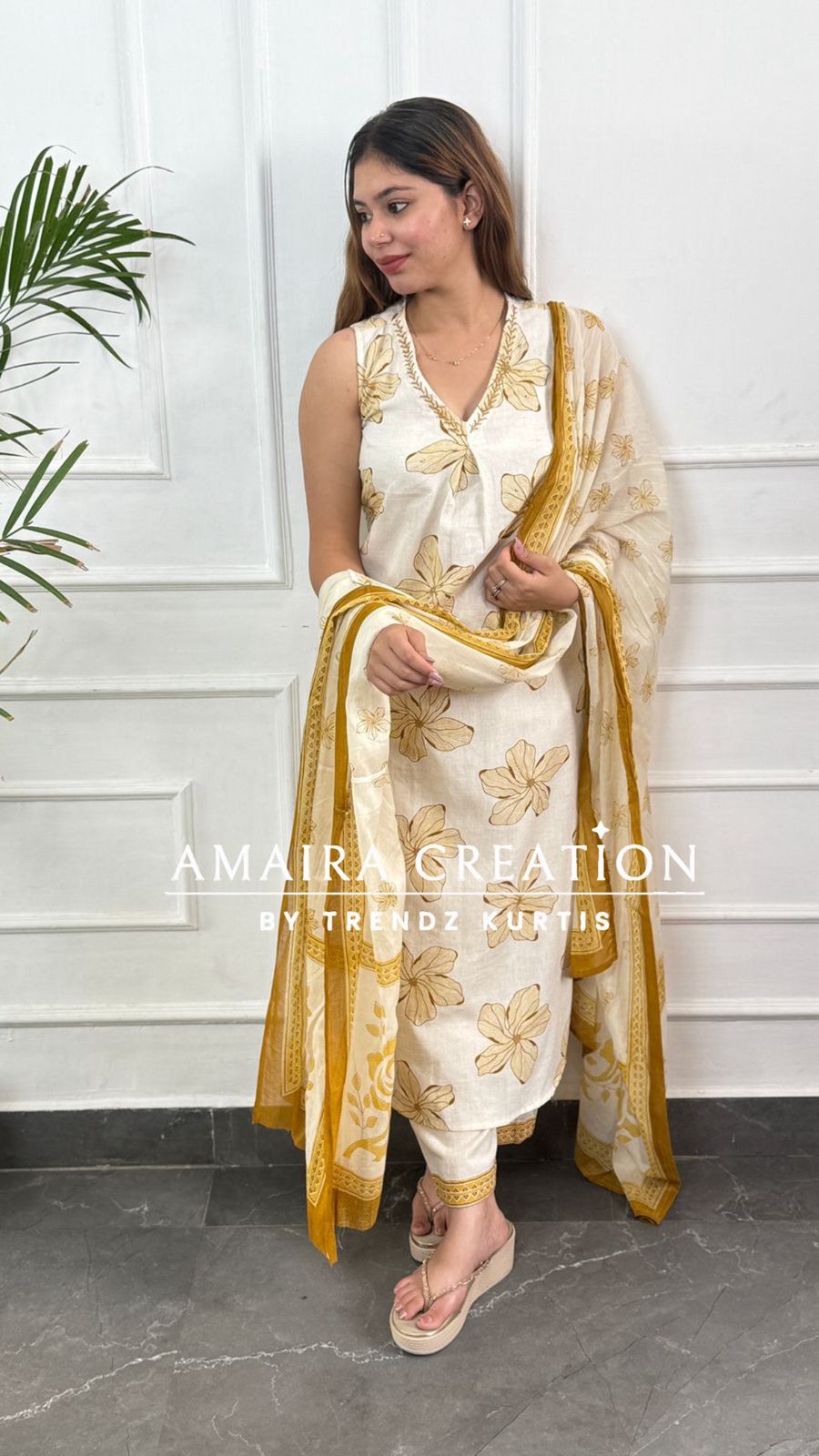 Premium Khadi Cotton Cream Mustard A line Set (4inches sleeves available)