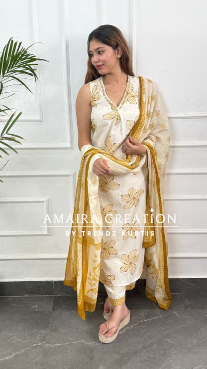 Premium Khadi Cotton Cream Mustard A line Set (4inches sleeves available)