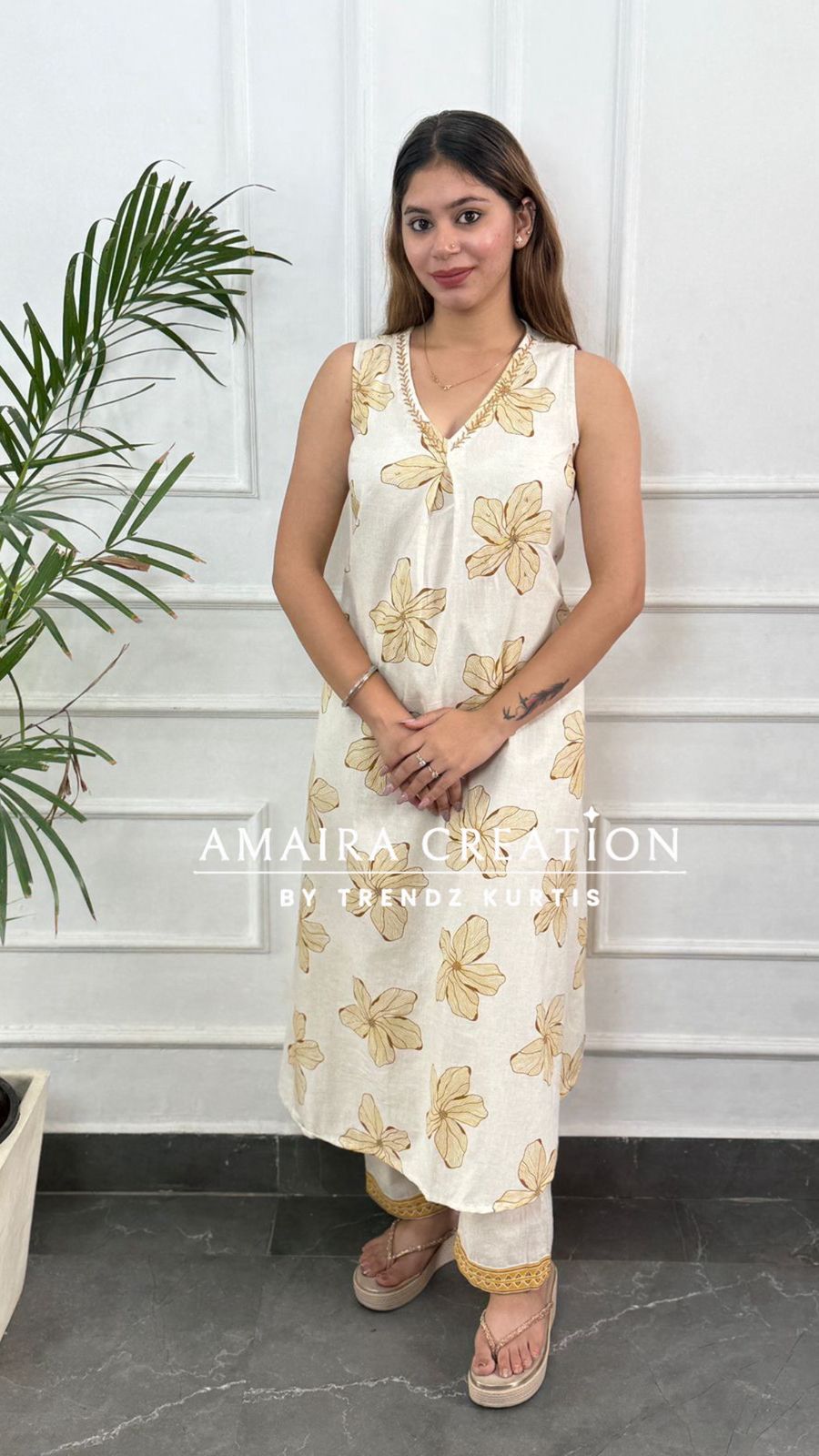 Premium Khadi Cotton Cream Mustard A line Set (4inches sleeves available)
