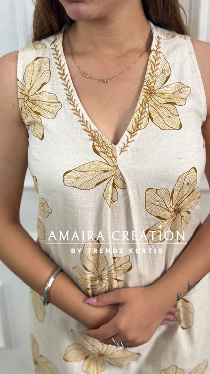 Premium Khadi Cotton Cream Mustard A line Set (4inches sleeves available)