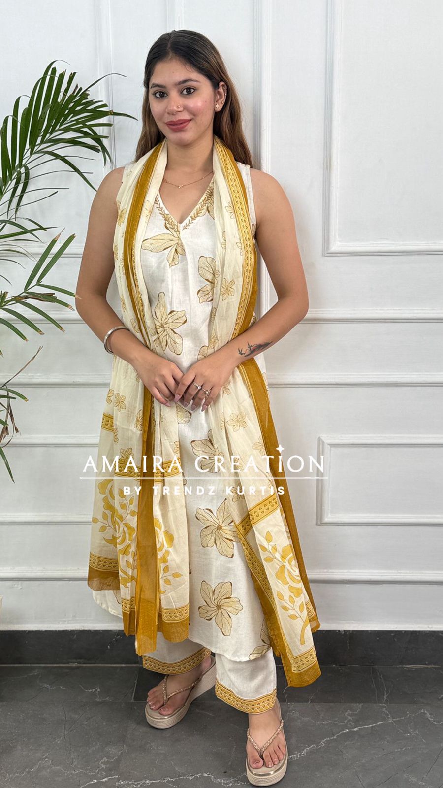 Premium Khadi Cotton Cream Mustard A line Set (4inches sleeves available)