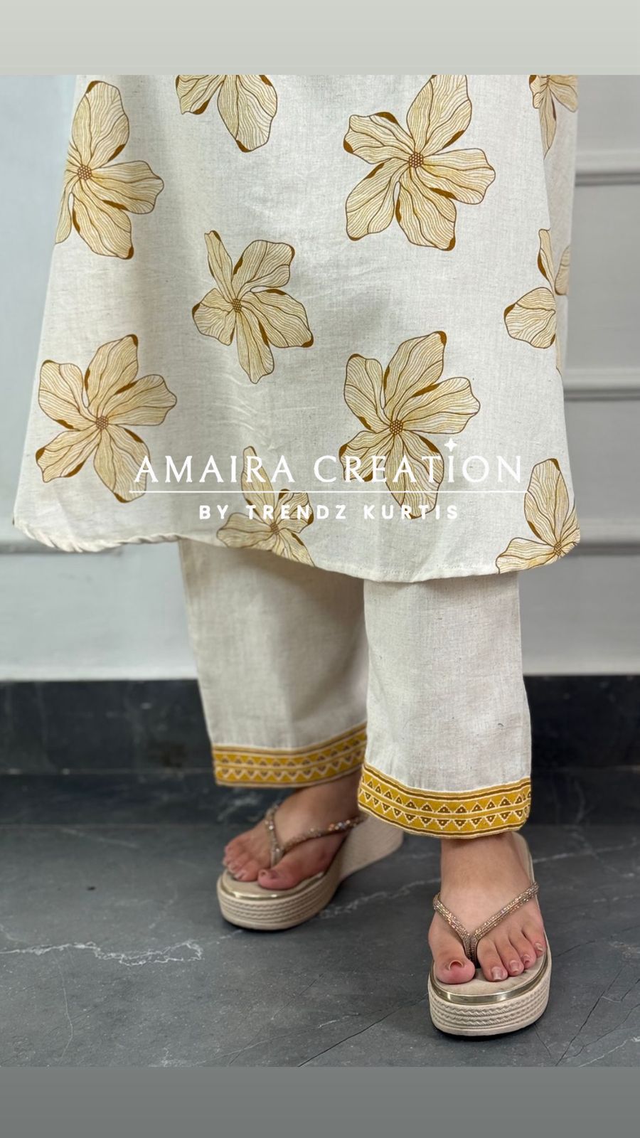Premium Khadi Cotton Cream Mustard A line Set (4inches sleeves available)