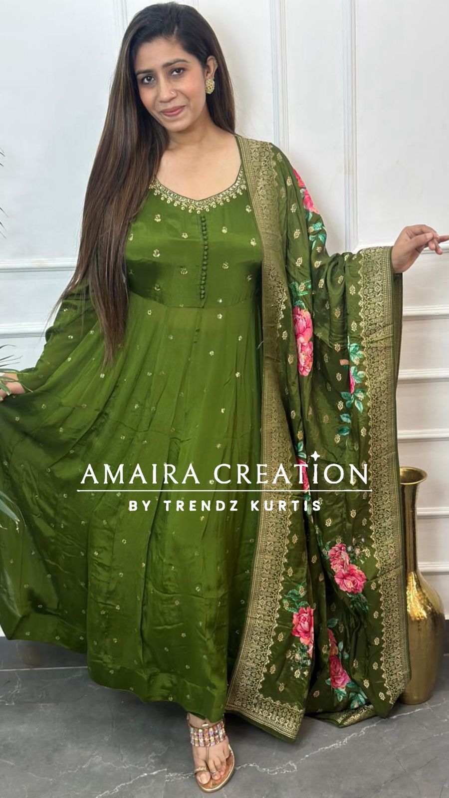 Dark Mehendi Green Premium Chinnon Anarkali Set