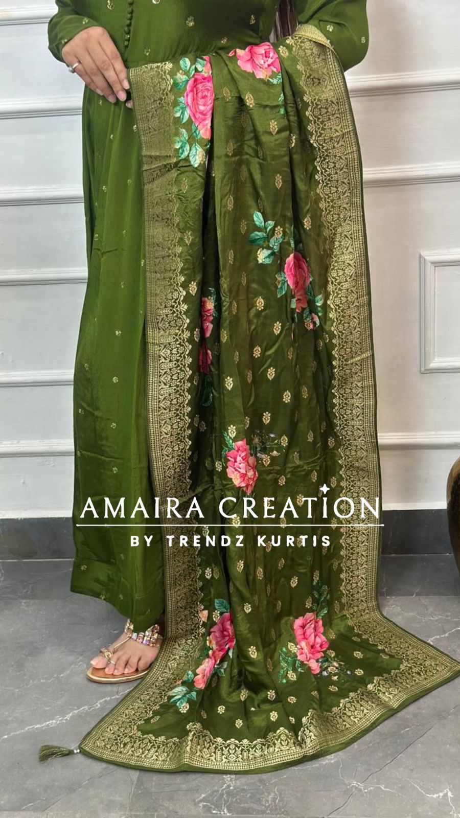 Dark Mehendi Green Premium Chinnon Anarkali Set