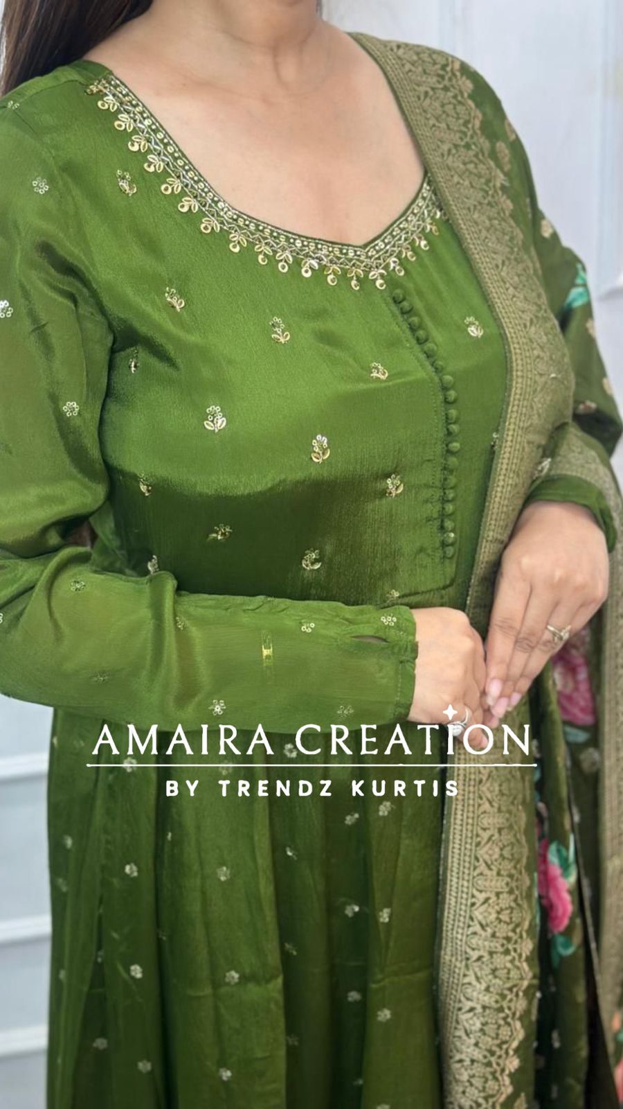 Dark Mehendi Green Premium Chinnon Anarkali Set