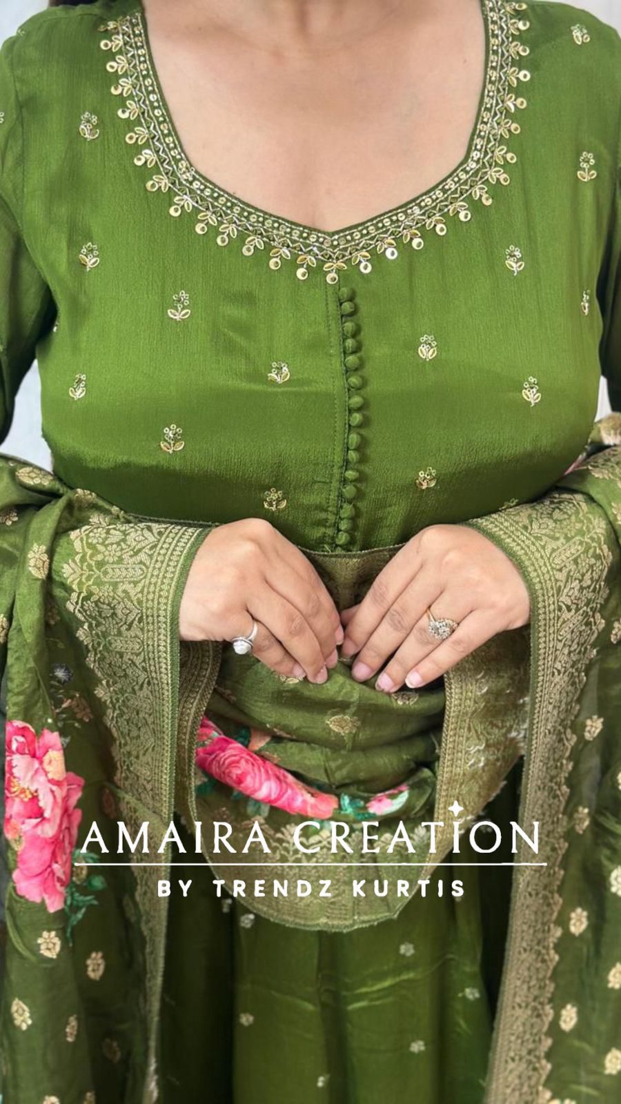 Dark Mehendi Green Premium Chinnon Anarkali Set