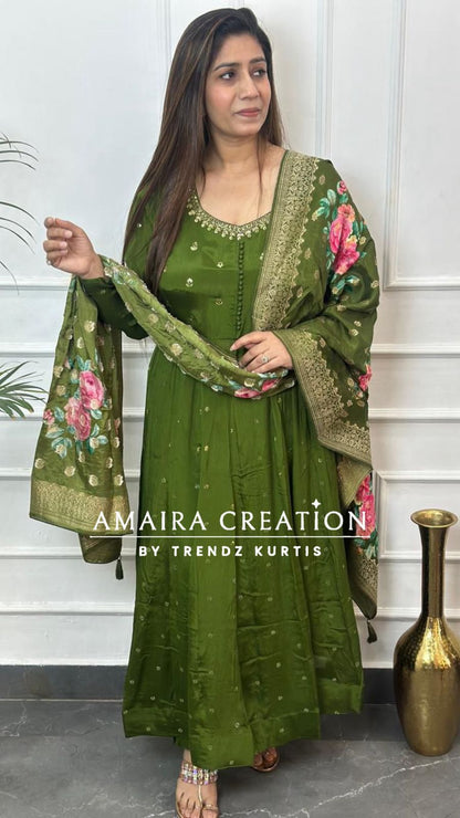 Dark Mehendi Green Premium Chinnon Anarkali Set