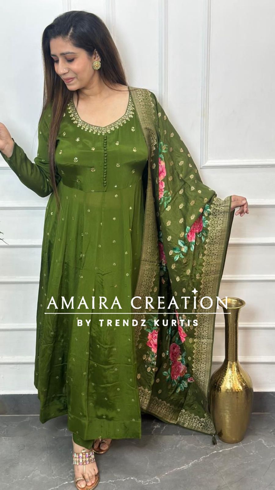 Dark Mehendi Green Premium Chinnon Anarkali Set