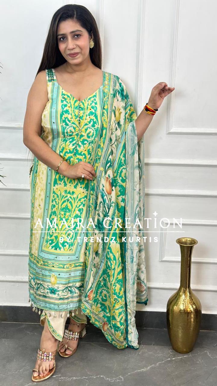 Strap Sea Green Premium Muslin With Designer Pant( 16inches sleeves available)