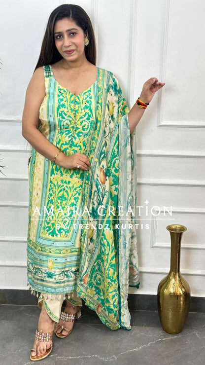 Strap Sea Green Premium Muslin With Designer Pant( 16inches sleeves available)