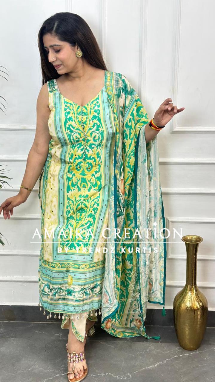 Strap Sea Green Premium Muslin With Designer Pant( 16inches sleeves available)
