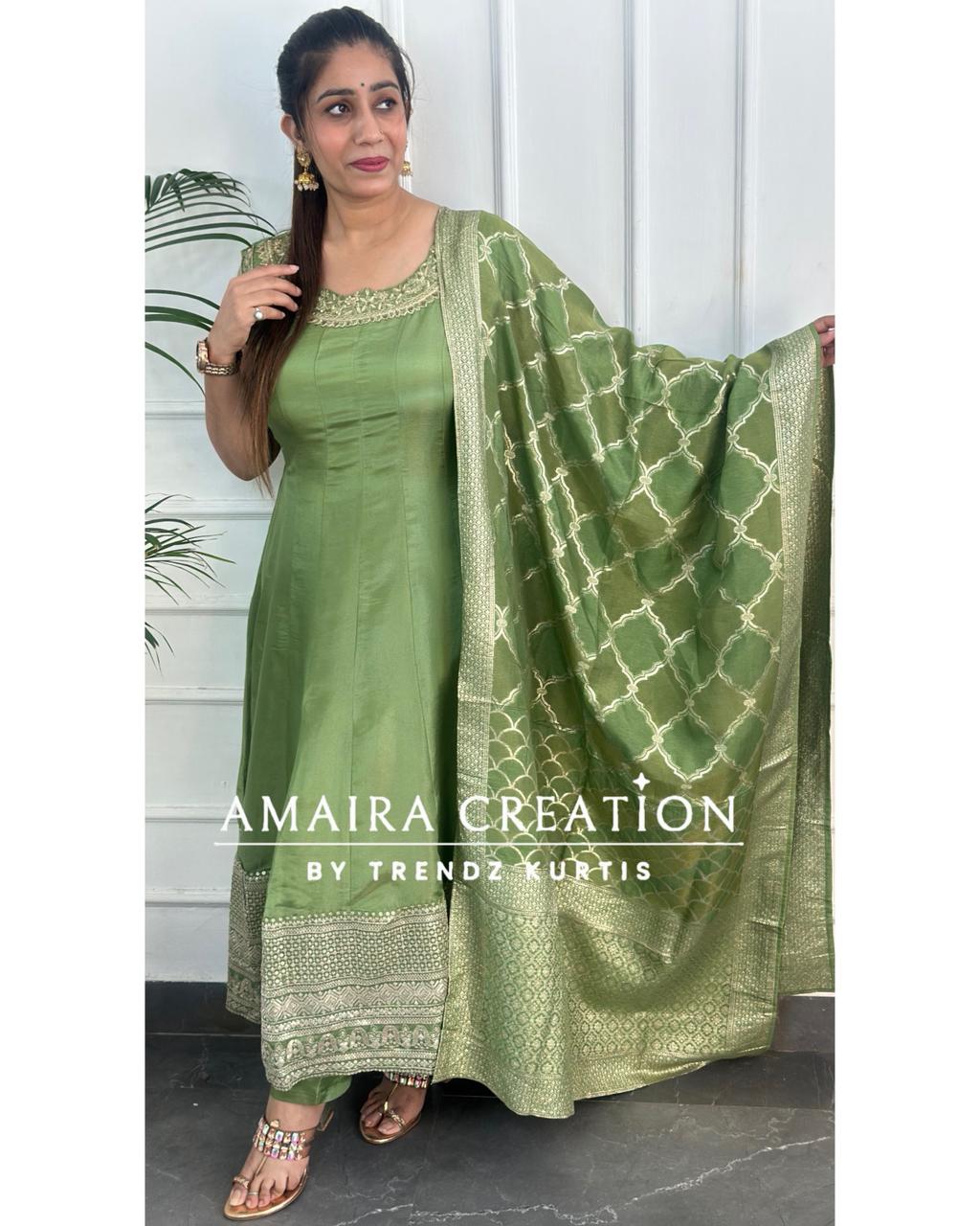 Premium Glass Tissue Green Anarkali Set