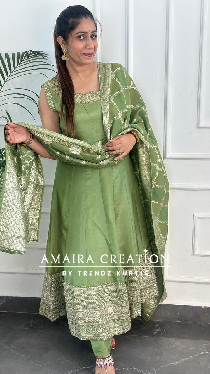 Premium Glass Tissue Green Anarkali Set