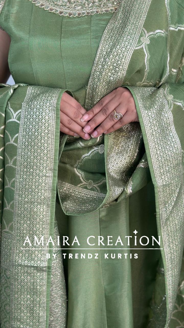 Premium Glass Tissue Green Anarkali Set