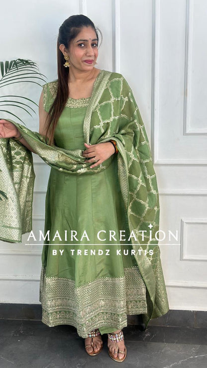 Premium Glass Tissue Green Anarkali Set