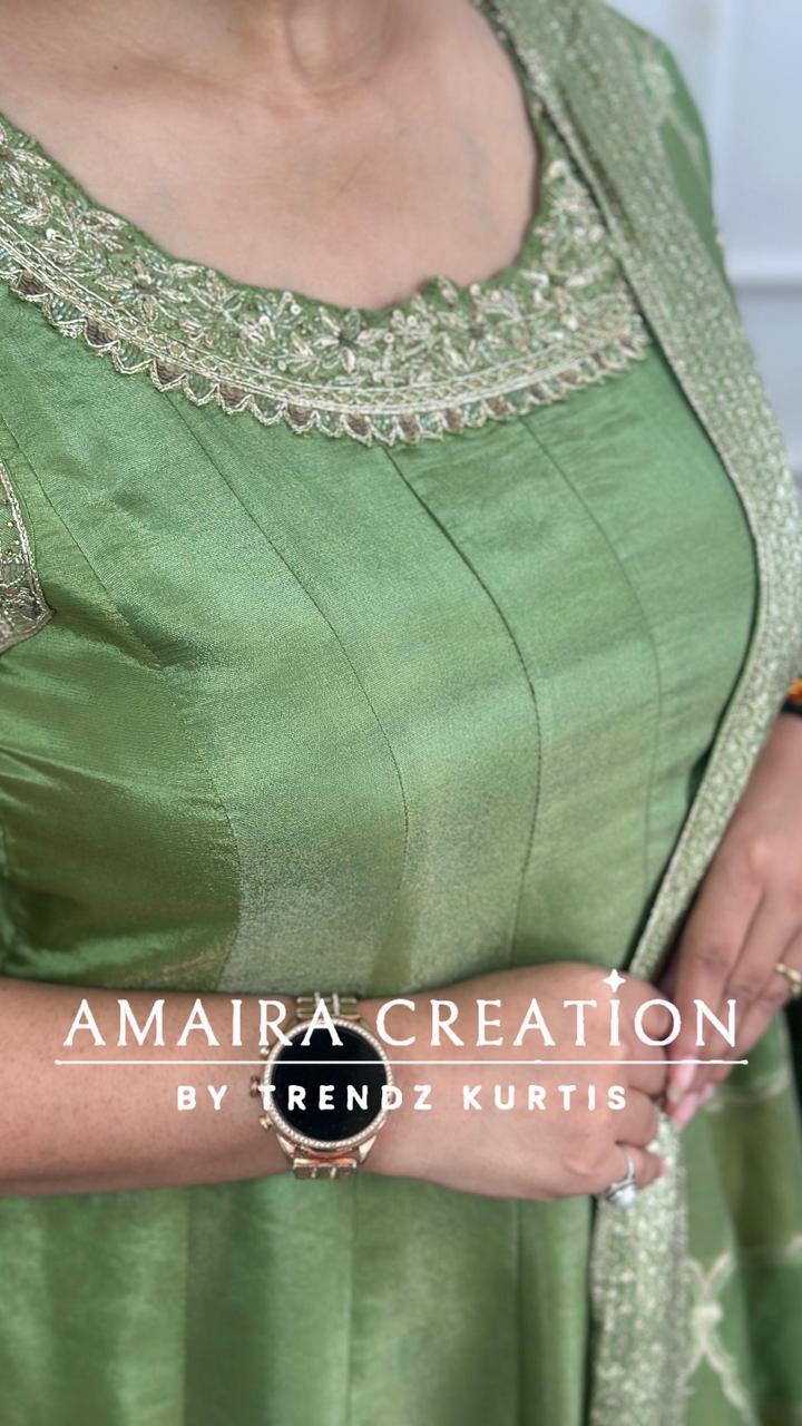 Premium Glass Tissue Green Anarkali Set
