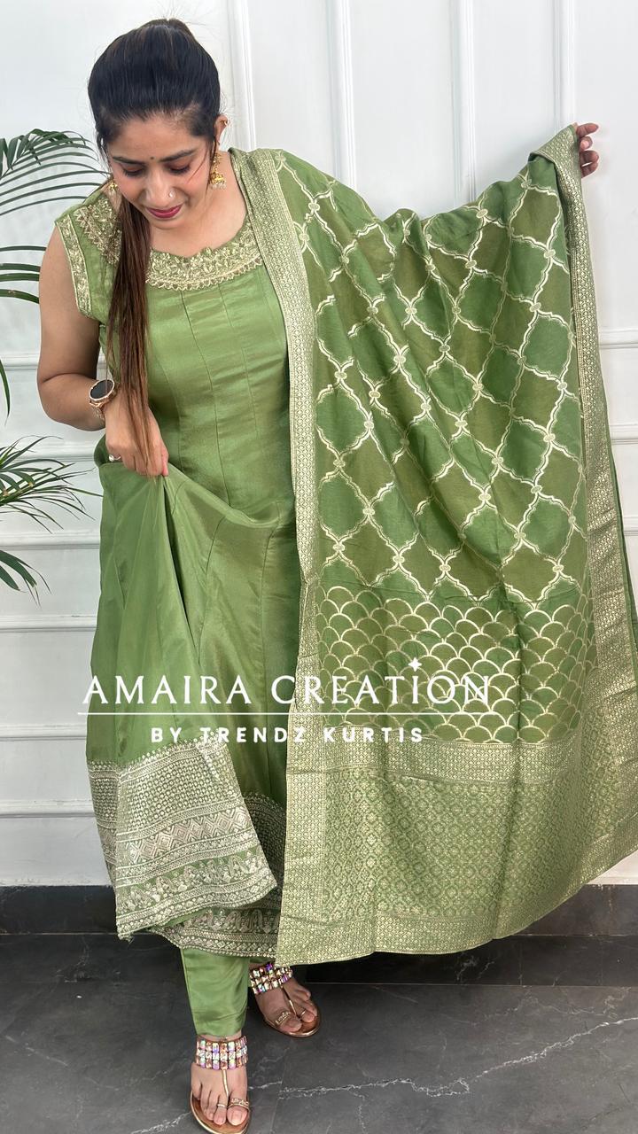 Premium Glass Tissue Green Anarkali Set