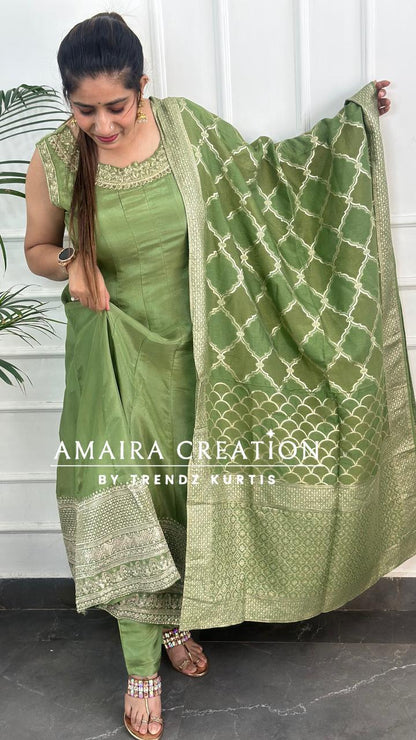 Premium Glass Tissue Green Anarkali Set