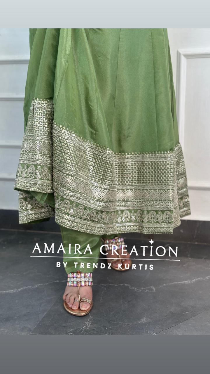 Premium Glass Tissue Green Anarkali Set