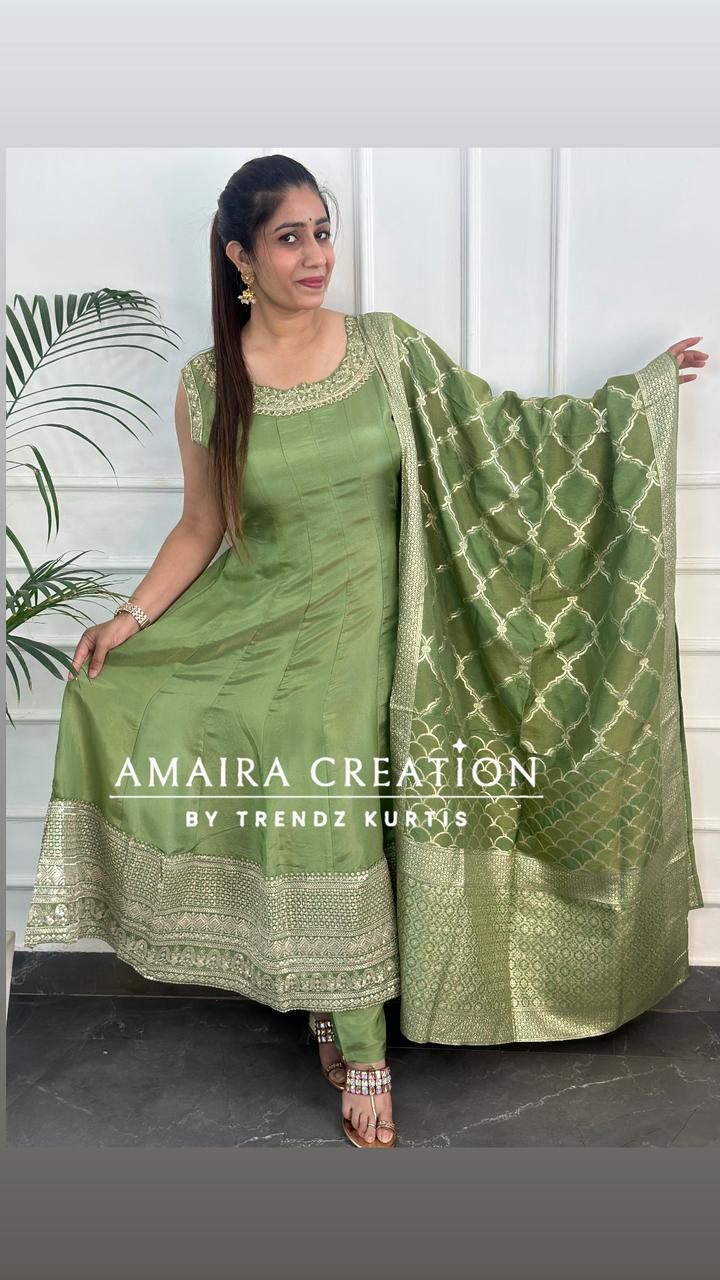 Premium Glass Tissue Green Anarkali Set