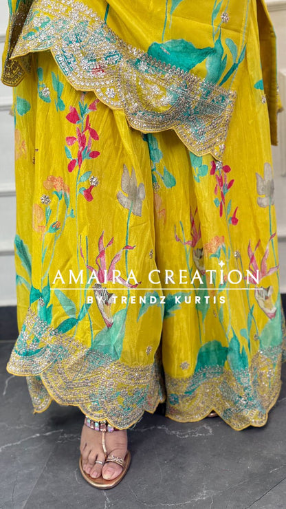 Premium Silk Lemon Full Ghera Plazo Set