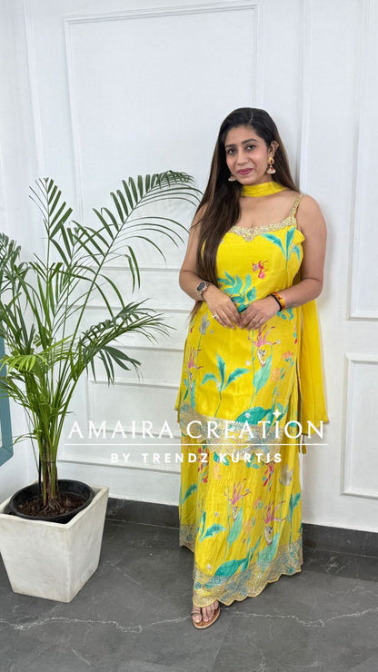 Premium Silk Lemon Full Ghera Plazo Set