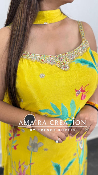 Premium Silk Lemon Full Ghera Plazo Set