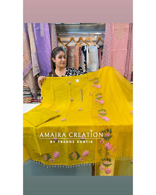 Premium yellow thread embroidery unstitched suit