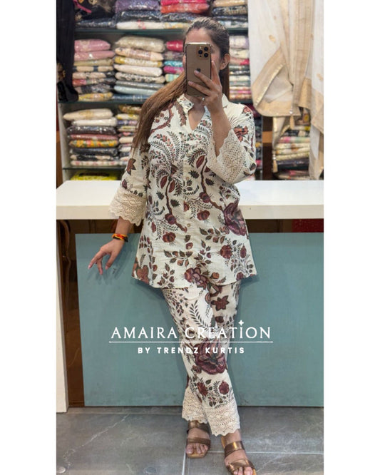 Premium cotton lite beige cotton cord set with beautiful lace detailing
